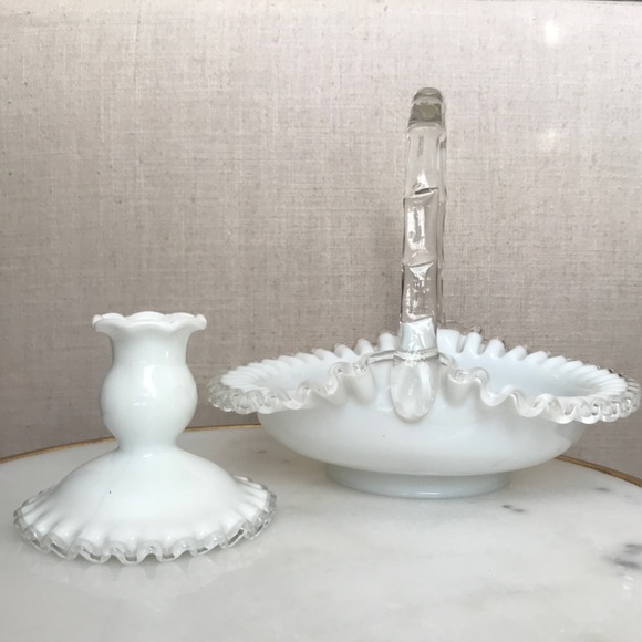 Vintage Fenton ‘Silver Crest’ Lot | Large Divided Basket and Candle Holder - Picture 1 of 12